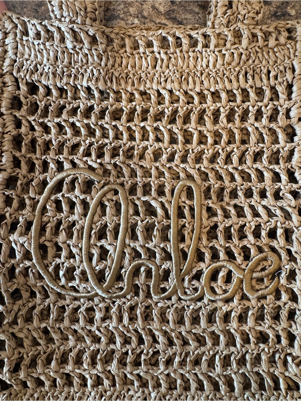 Chloe Beige Woven Straw Tote with Script Logo - Picture 5 of 8